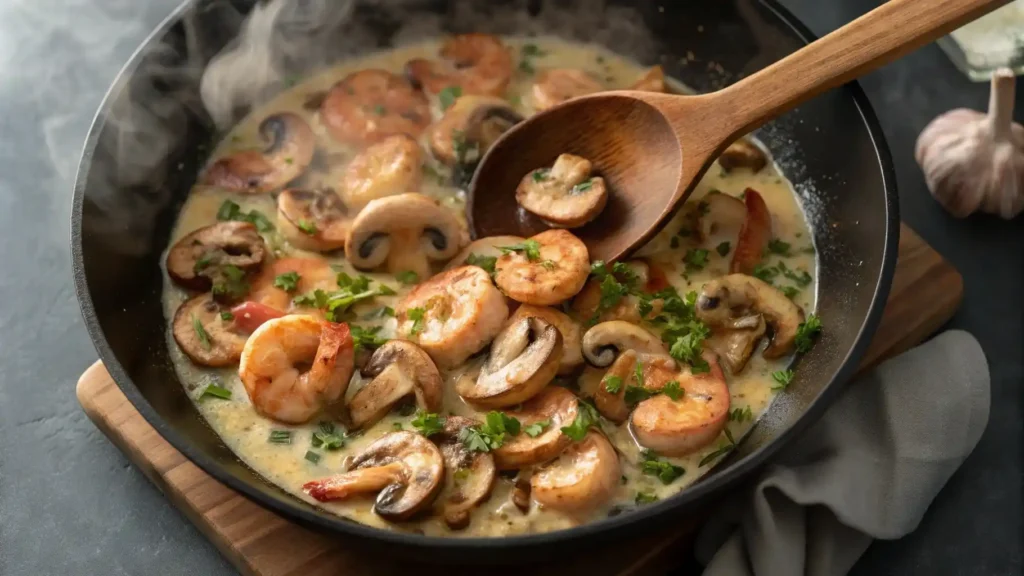 Sautéing mushrooms and langostinos for a creamy seafood gravy