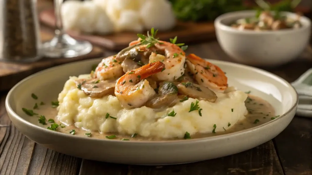 Langostino mushroom sour cream gravy served over mashed potatoes