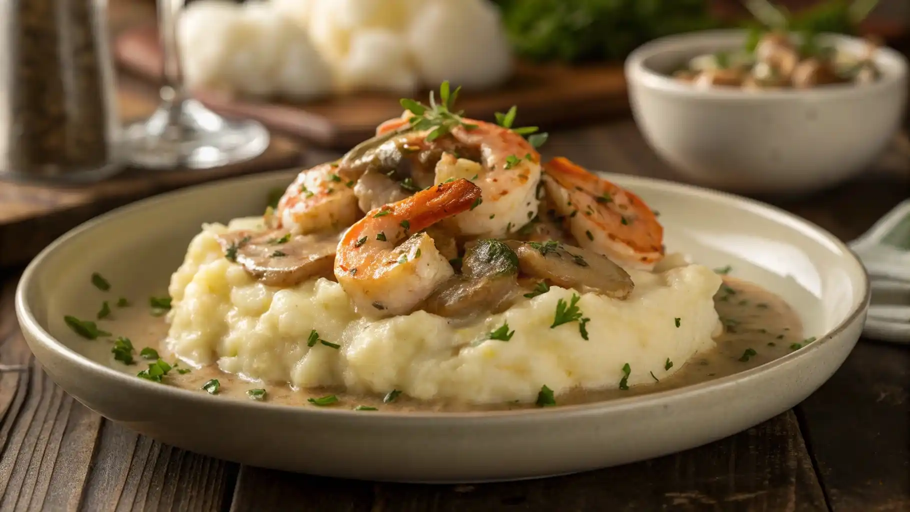 Langostino mushroom sour cream gravy served over mashed potatoes