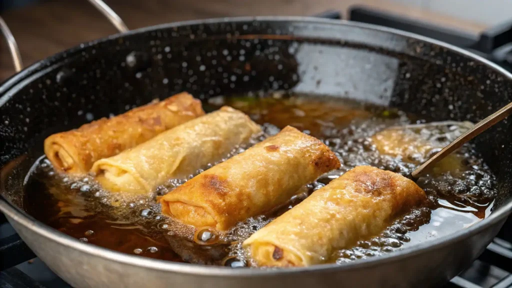 Peach cobbler egg rolls frying in oil.