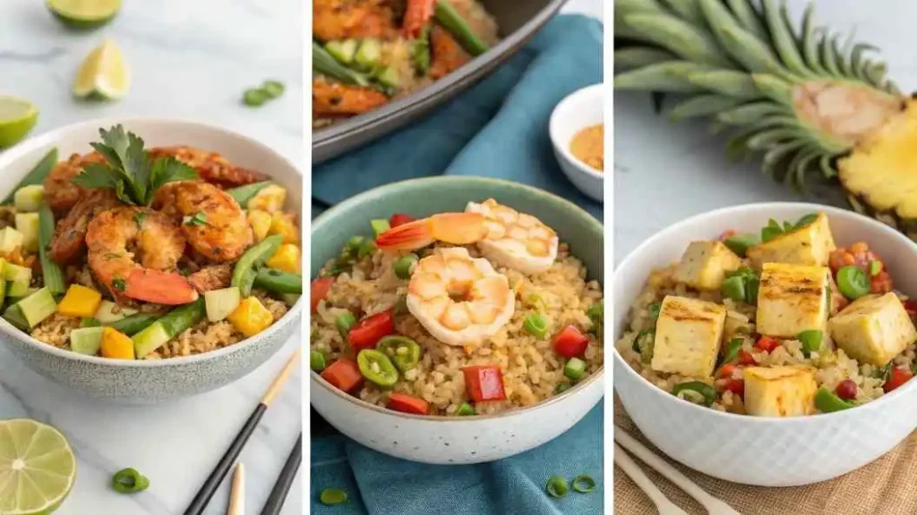  Three different versions of shrimp fried rice served in bowls