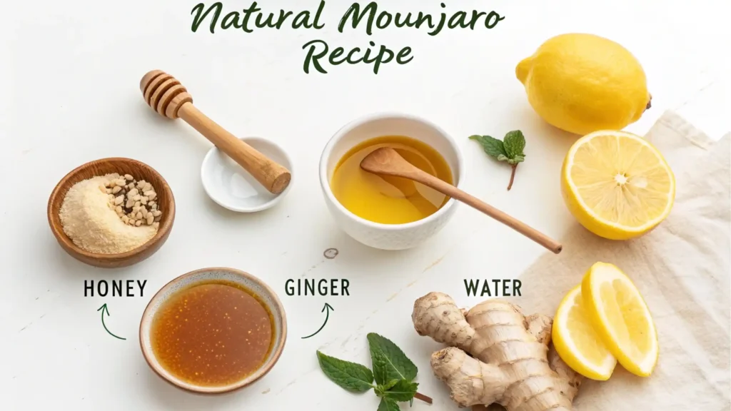  A flat lay of the key ingredients in the Natural Mounjaro Recipe – lemon, ginger, honey, and hot water.