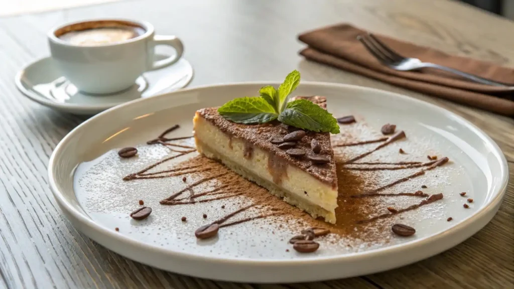  A slice of Terra Massoud dessert served with espresso and chocolate curls.