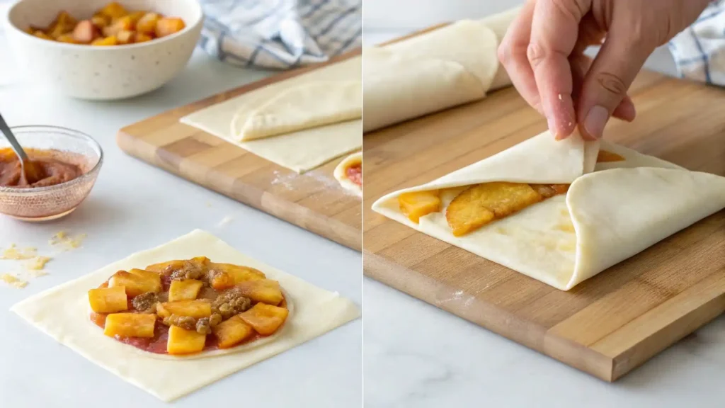 Assembling peach cobbler egg rolls with filling.