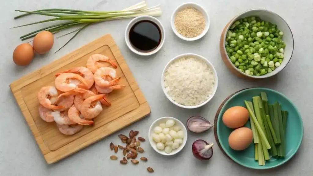 Fresh ingredients for shrimp fried rice on a wooden board