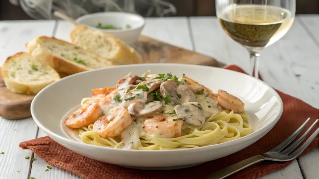 Langostino mushroom sour cream gravy served over pasta