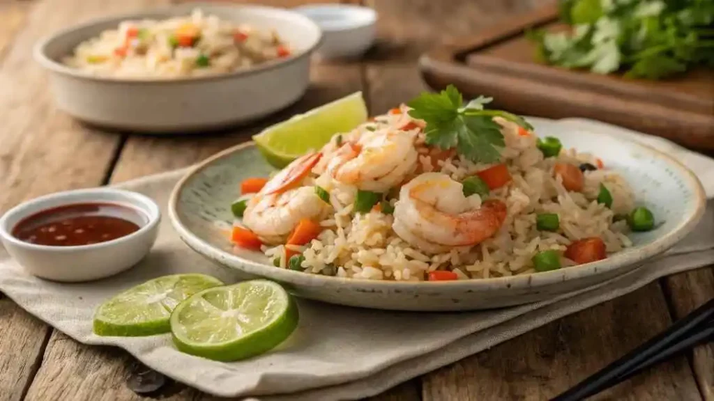 Shrimp fried rice served with lime, cilantro, and dipping sauce.