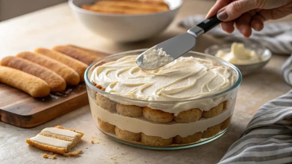 Layering mascarpone over coffee-soaked ladyfingers for Terra Massoud.