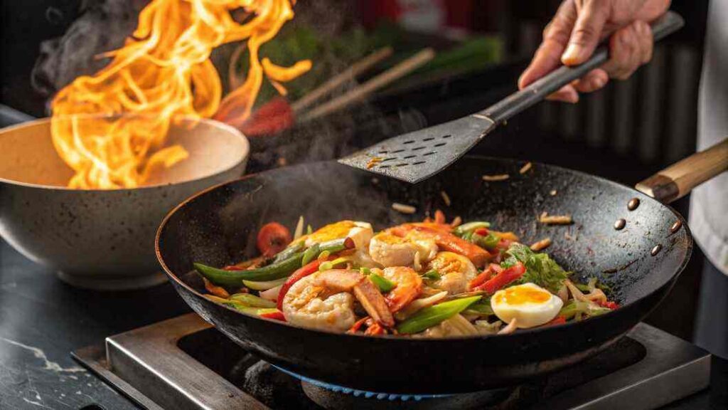 Stir-frying shrimp and vegetables in a wok for fried rice.