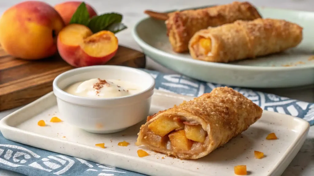  Vegan peach cobbler egg rolls with dairy-free glaze.