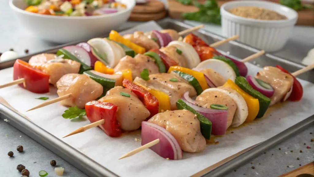 Raw skewers assembled with chicken and vegetables