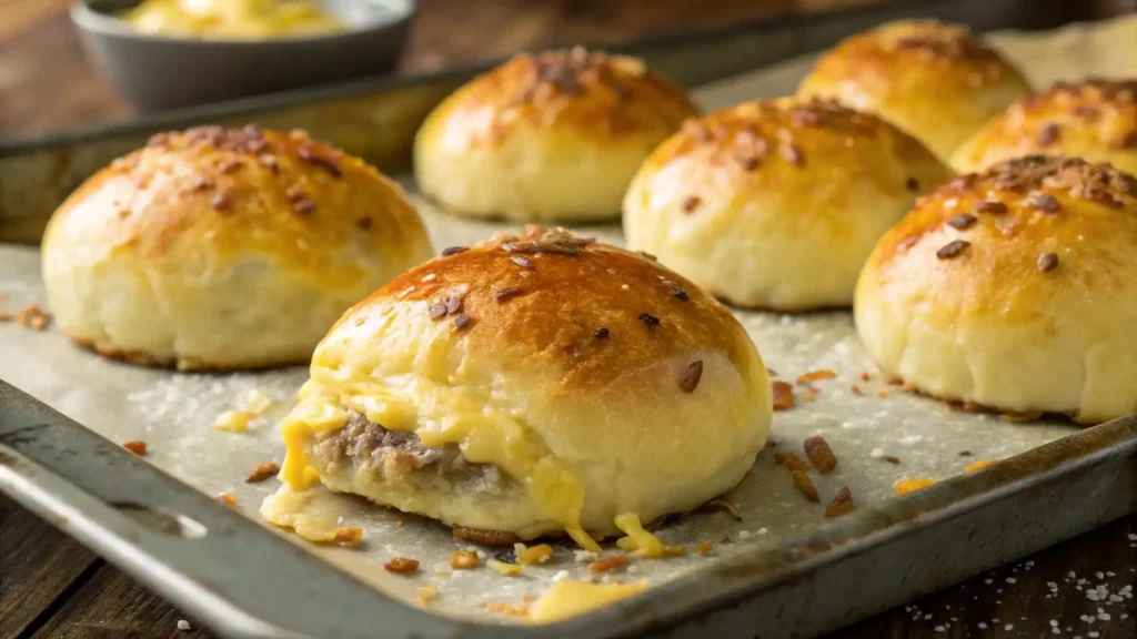 Freshly baked cheeseburger bombs on tray