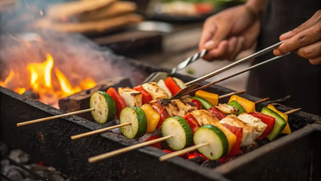 Skewers being grilled on open flame with tongs