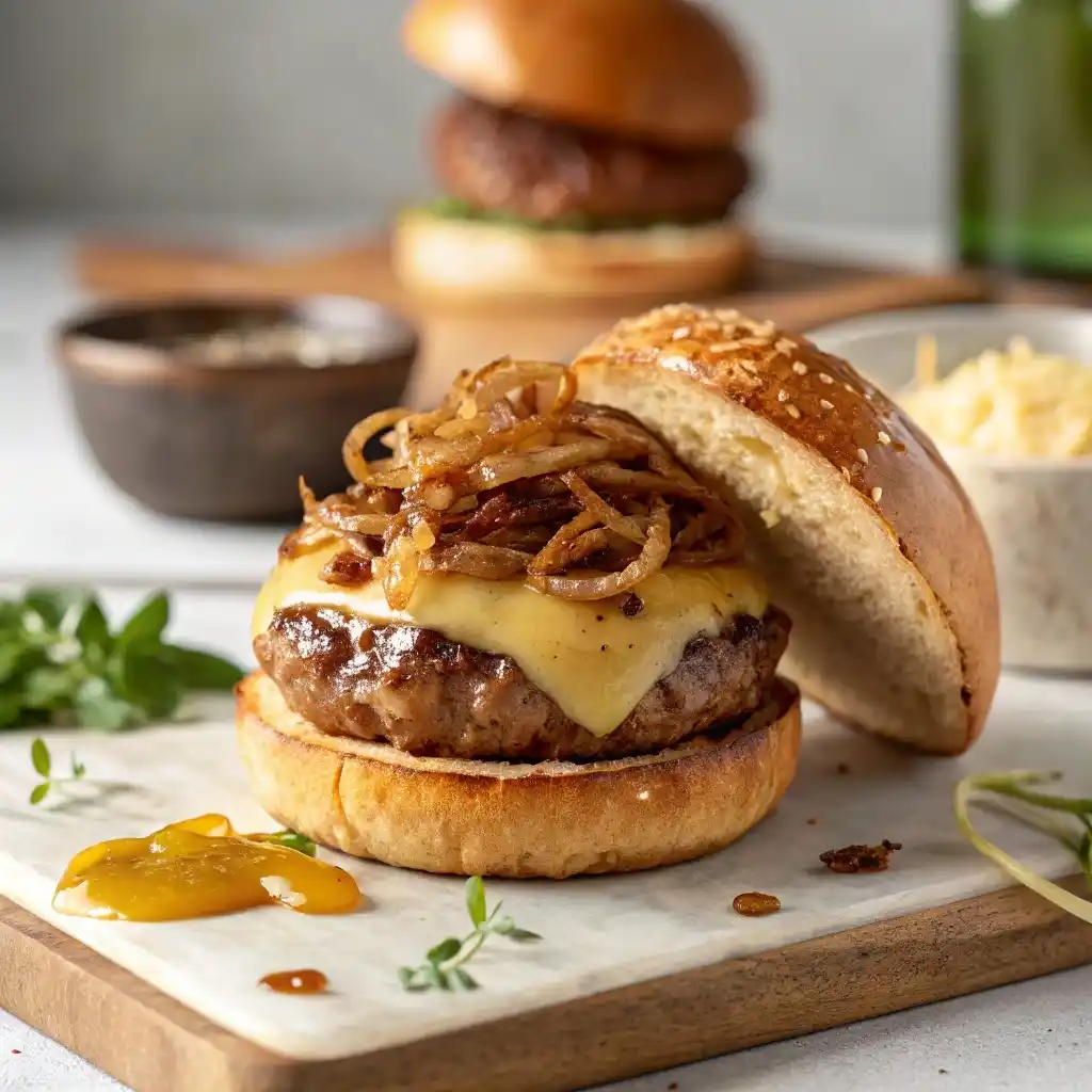French Onion Soup Burger with fries and salad