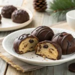 No-bake chocolate chip cookie dough brownie bombs on a plate