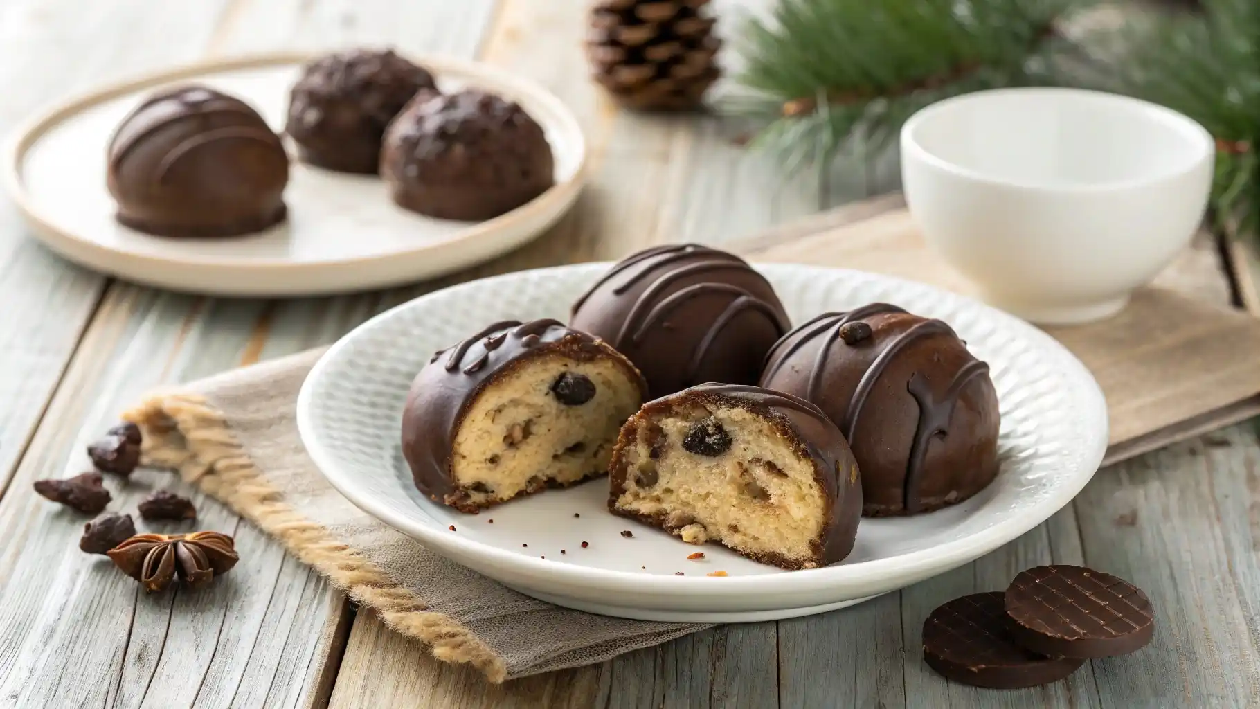 No-bake chocolate chip cookie dough brownie bombs on a plate