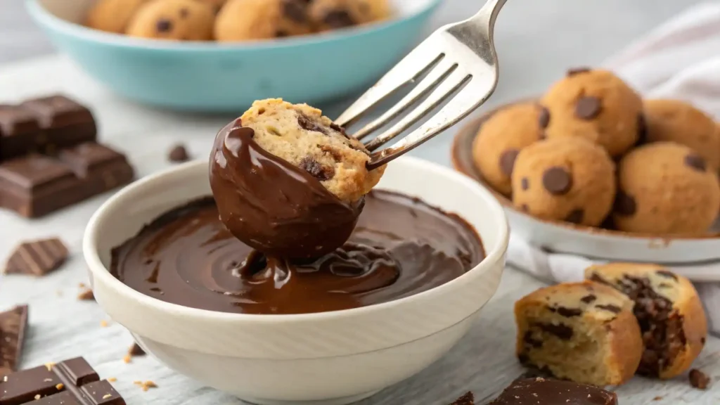 Dipping cookie dough brownie bomb in melted chocolate