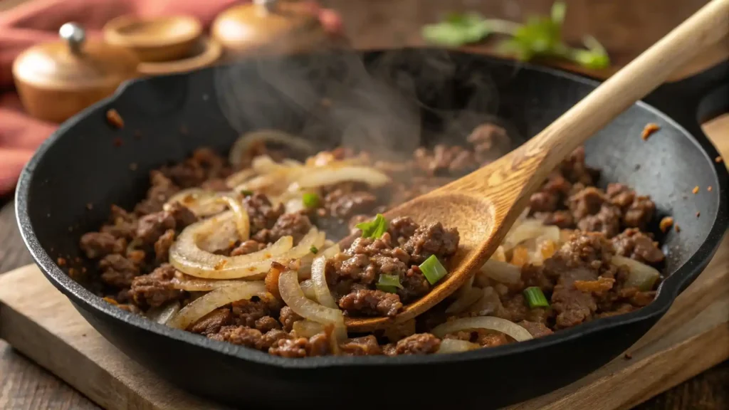 Ground beef and onions cooking in skillet