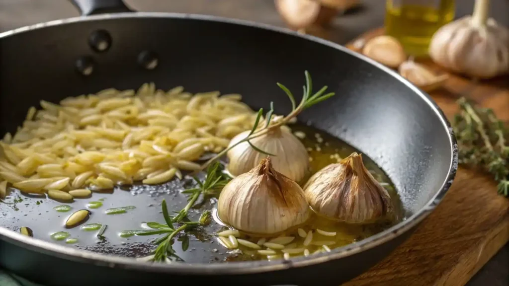 Garlic and orzo sautéing in skillet