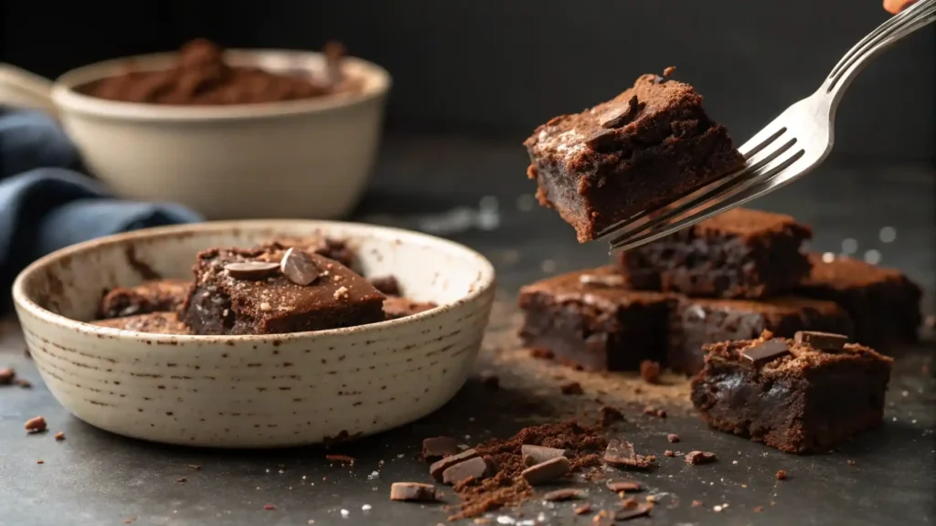 Crumbling brownies into a bowl for layering
