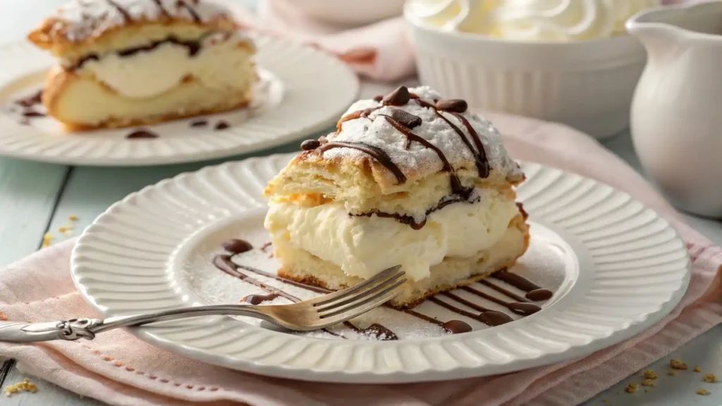 Plate of easy cream puffs with powdered sugar and tea