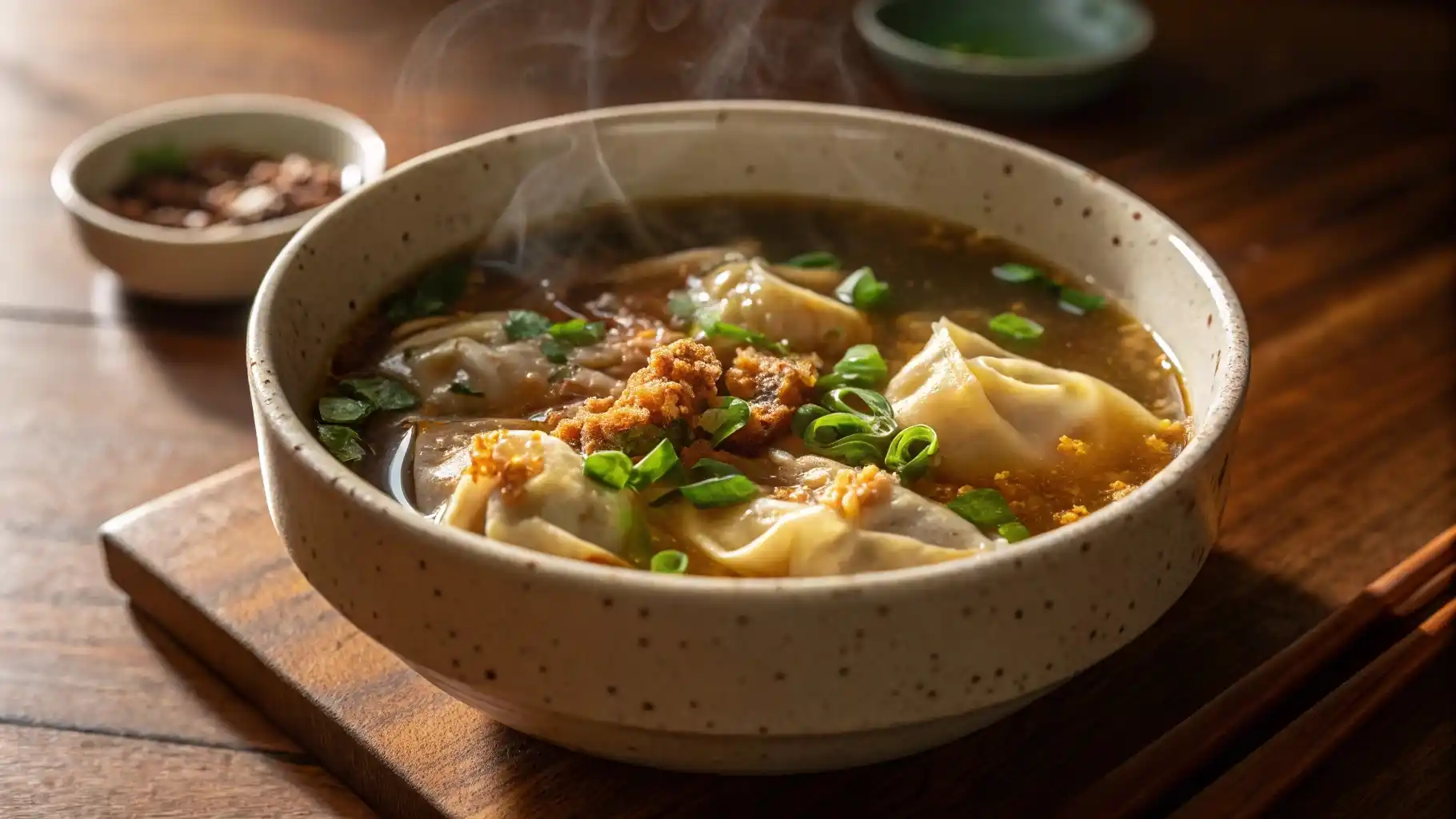 Bowl of homemade easy wonton soup on bamboo placemat
