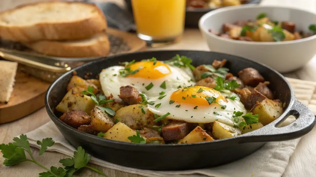 Skillet of Brown with Sausage and Eggs Ready to Serve
