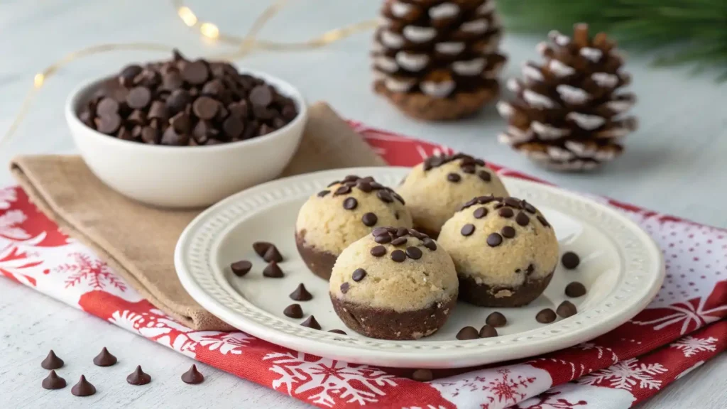 Chocolate chip brownie bombs on a winter dessert plate