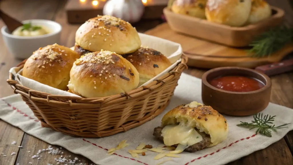 Basket of Garlic Parmesan Cheeseburger Bombs with dipping sauce