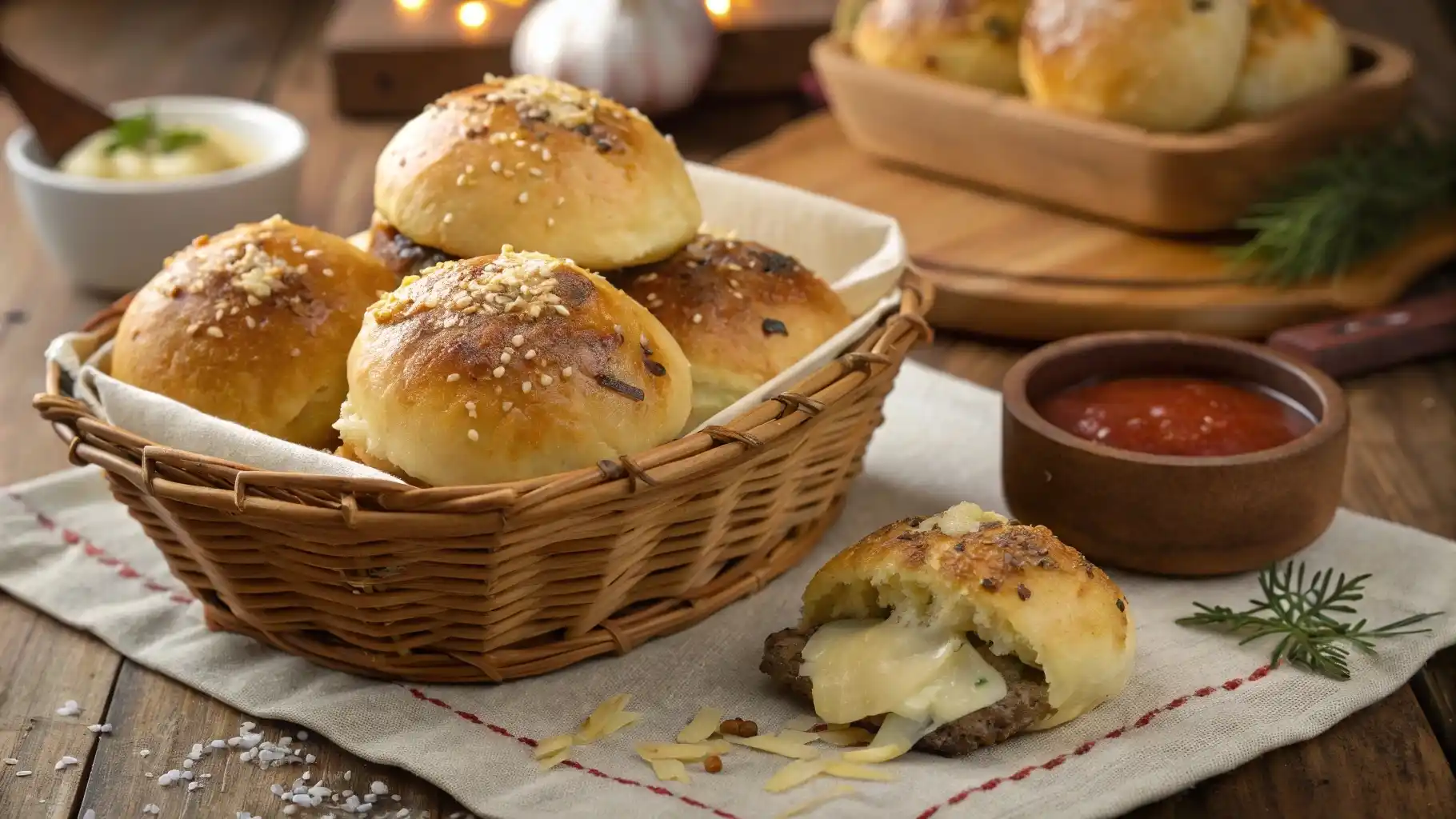 Basket of Garlic Parmesan Cheeseburger Bombs with dipping sauce