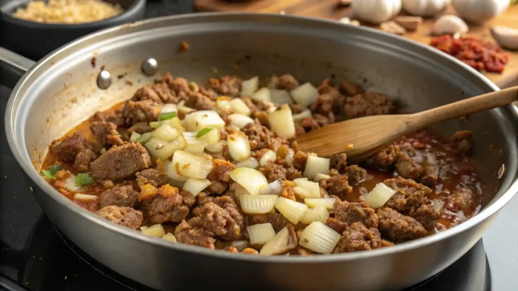 Ground beef being browned with diced onions and garlic in a large pot on a stovetop
