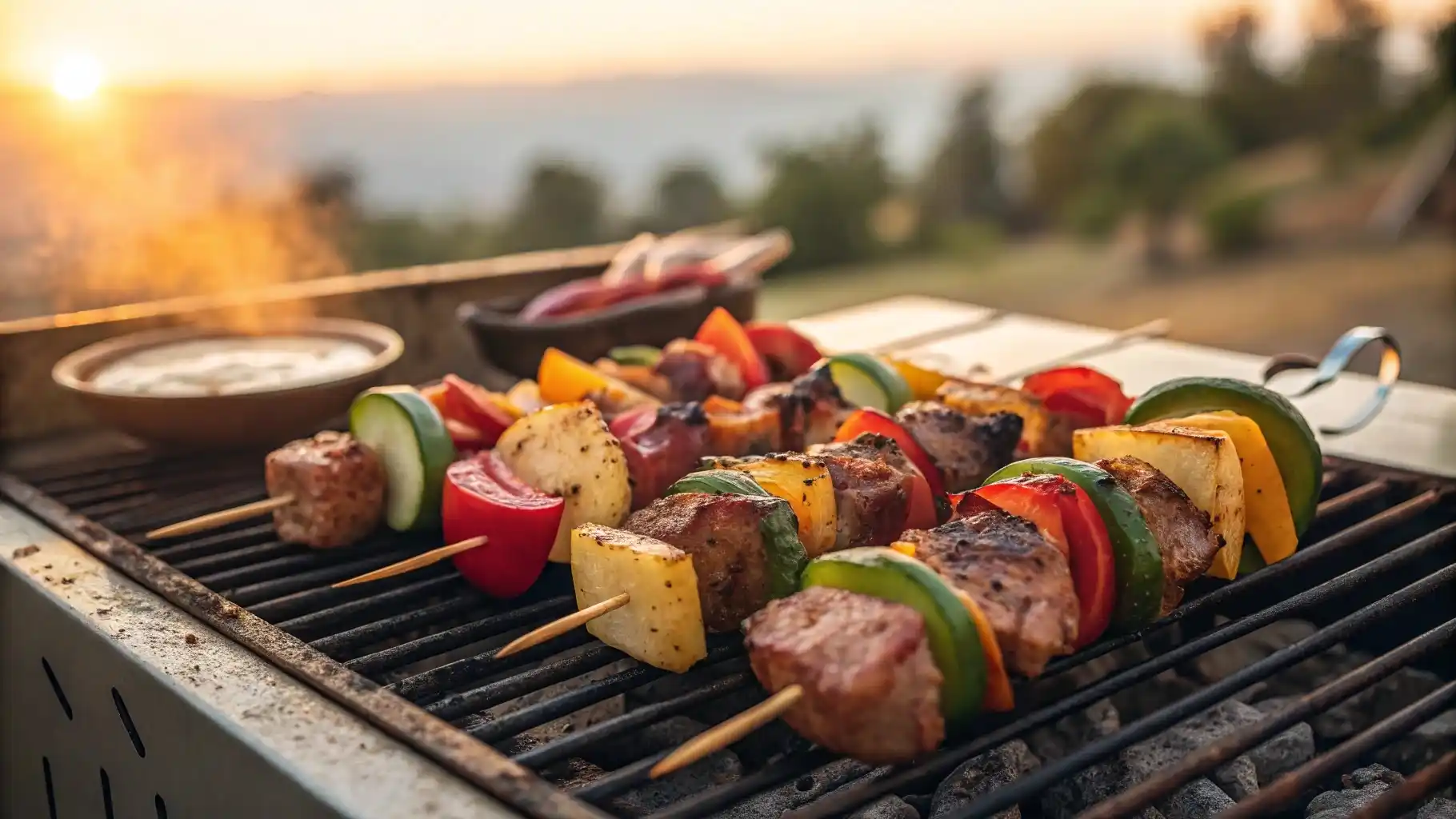 Delicious Mediterranean barbecue skewers grilling outdoors