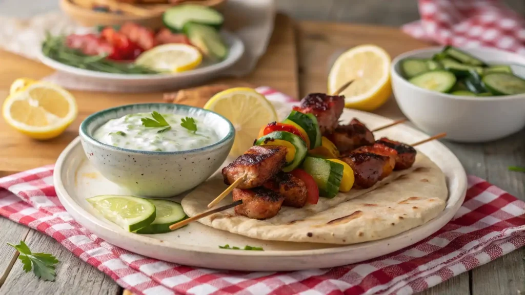 Plated barbecue skewers with Mediterranean sides