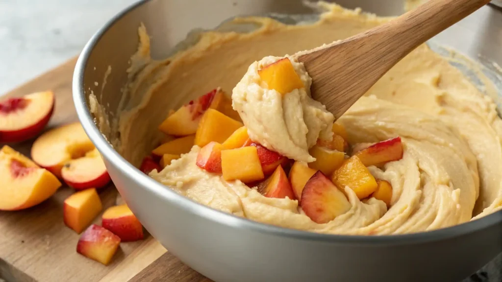 Folding fresh peaches into cookie dough	