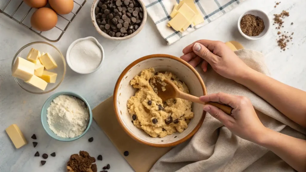 Mixing homemade edible cookie dough in a bowl
