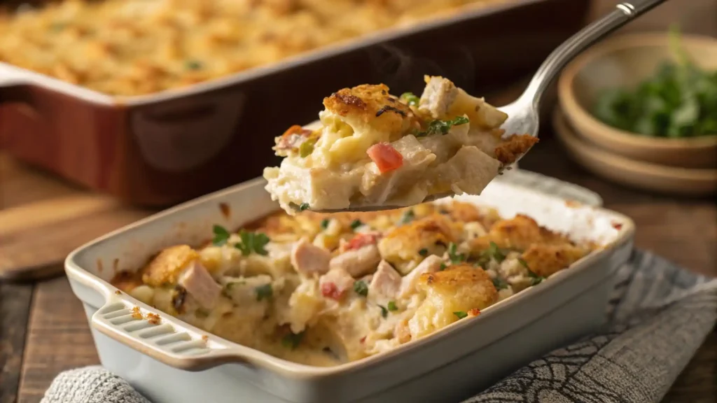 Serving a cheesy portion of chicken and stuffing casserole