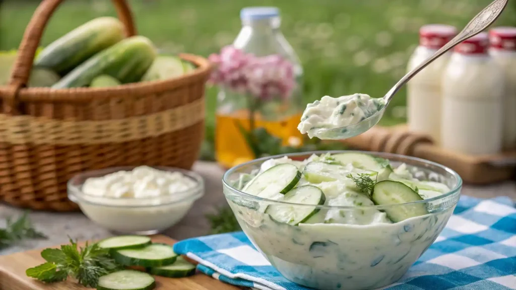 Creamy cucumber salad being served