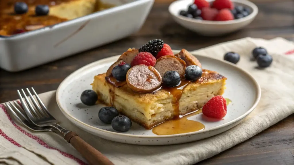 Served slice of pancake casserole on plate