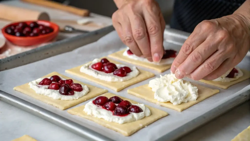Assembling cherry cheese Danishes on baking sheet