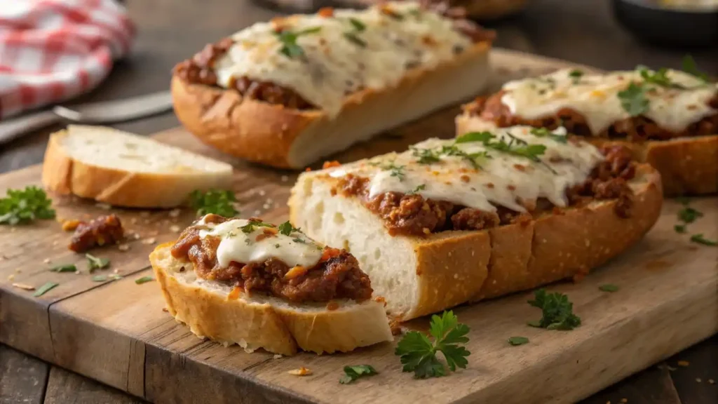 Sloppy Joe Garlic Bread sliced and served on wooden board