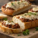 Sloppy Joe Garlic Bread sliced and served on wooden board