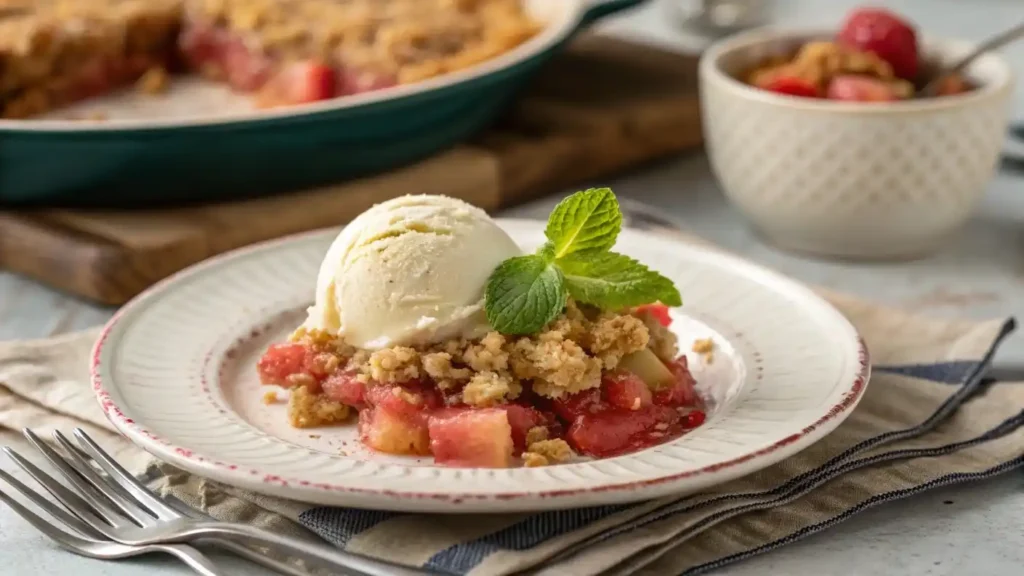 Rhubarb Crunch served with vanilla ice cream