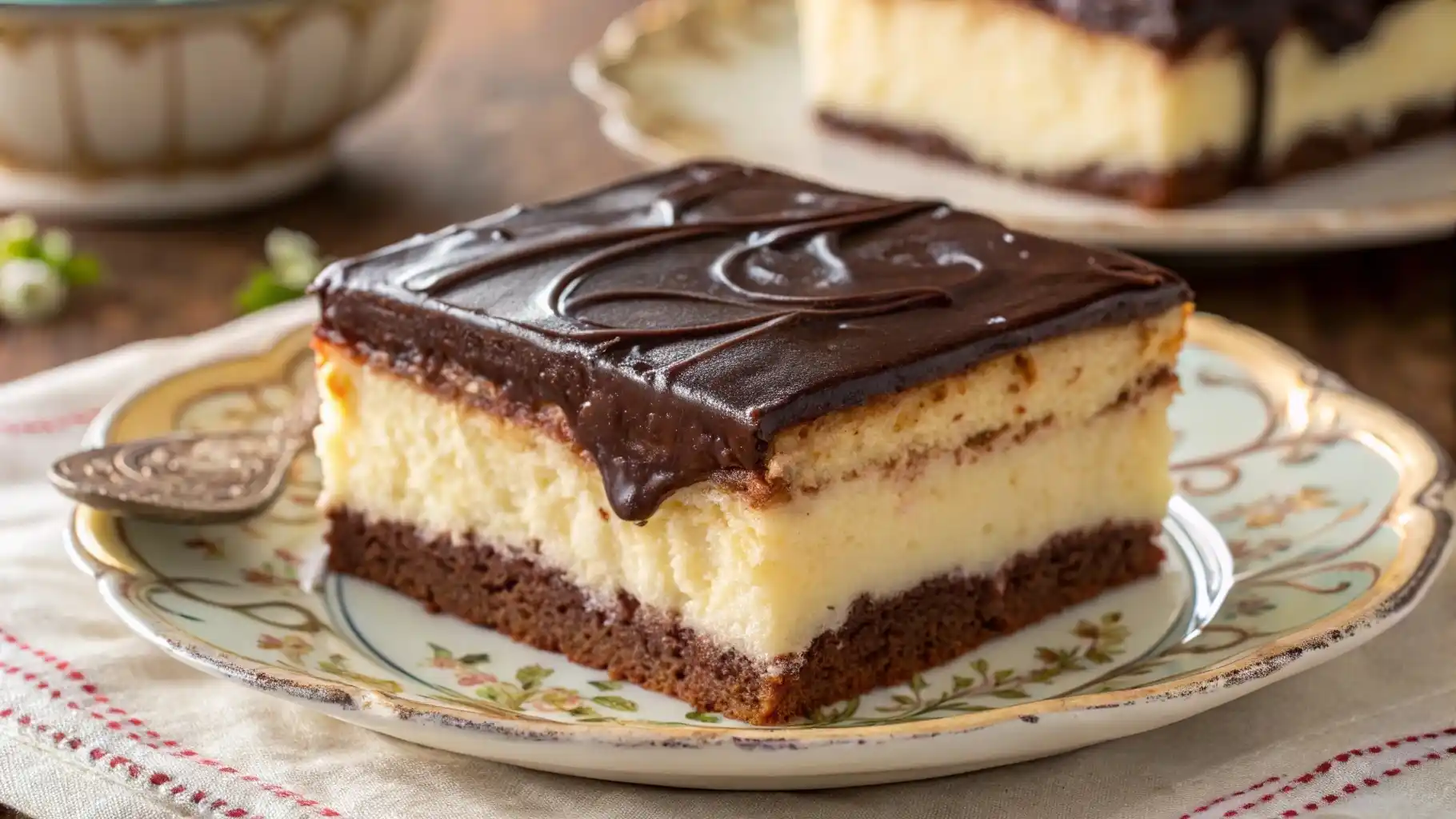 Slice of Boston Cream Poke Cake with pudding and ganache