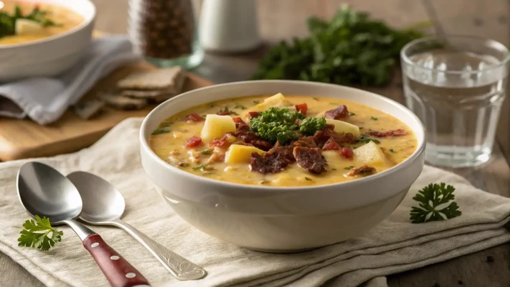 bowl of cheesy hamburger potato soup on a cozy winter tablescape with a napkin, spoon, and glass of water