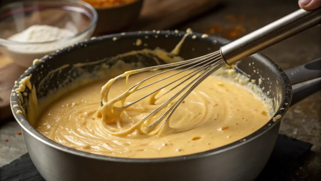 A saucepan with bubbling cheese sauce being stirred with a whisk, smooth and creamy texture visible