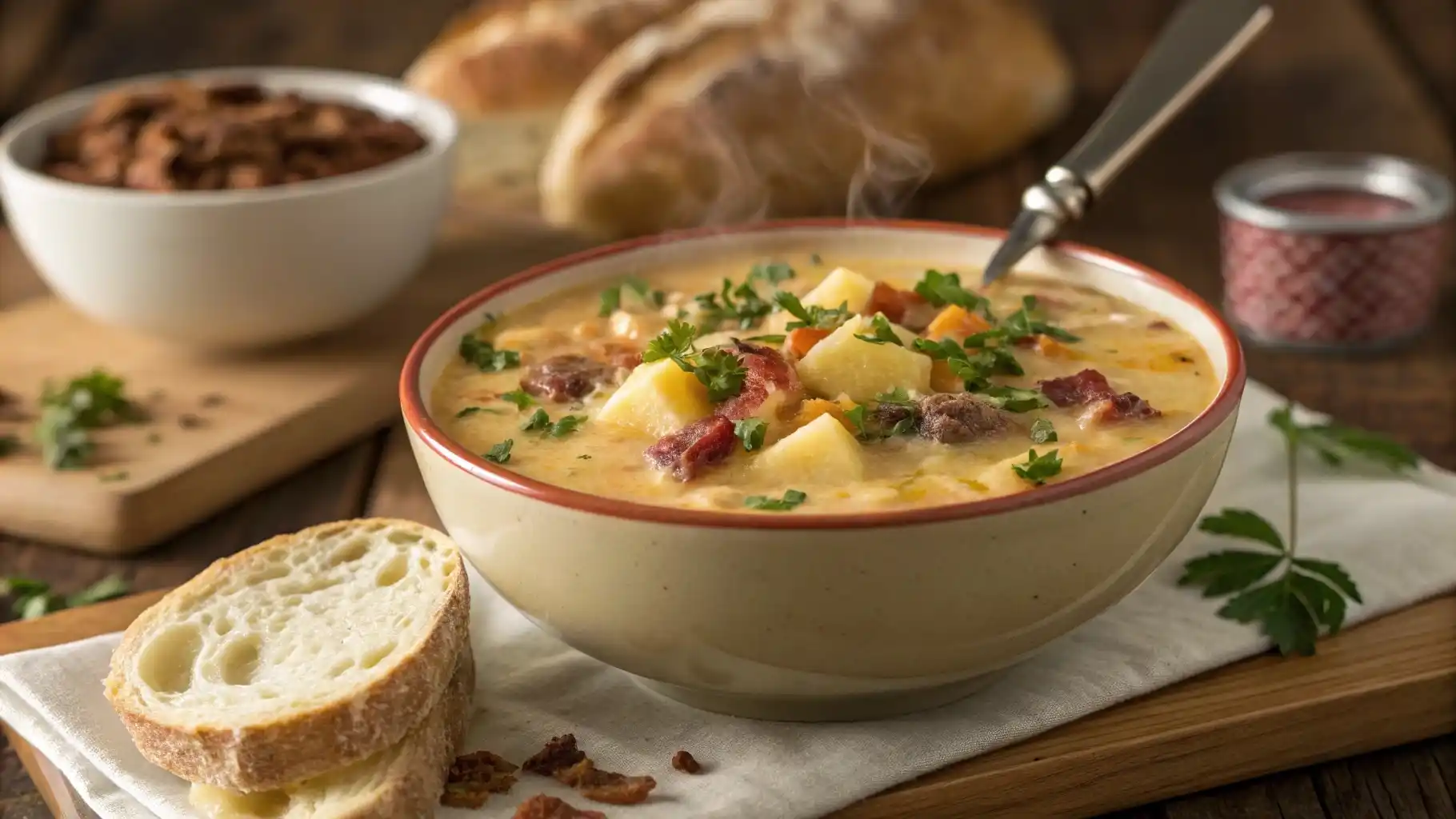 Cheesy hamburger potato soup in a bowl with toppings