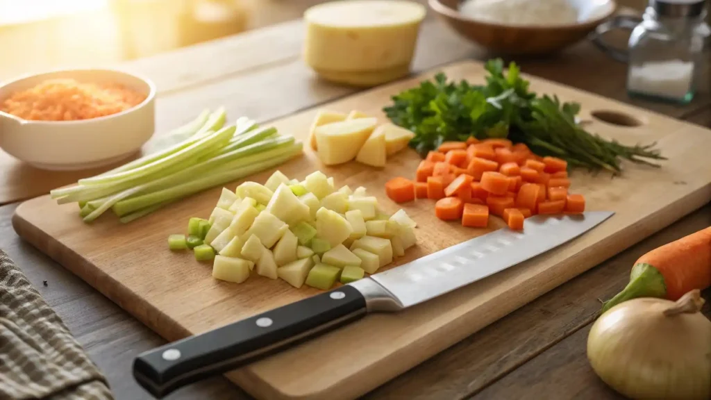 Ground beef being browned with diced onions and garlic in a large pot on a stovetop