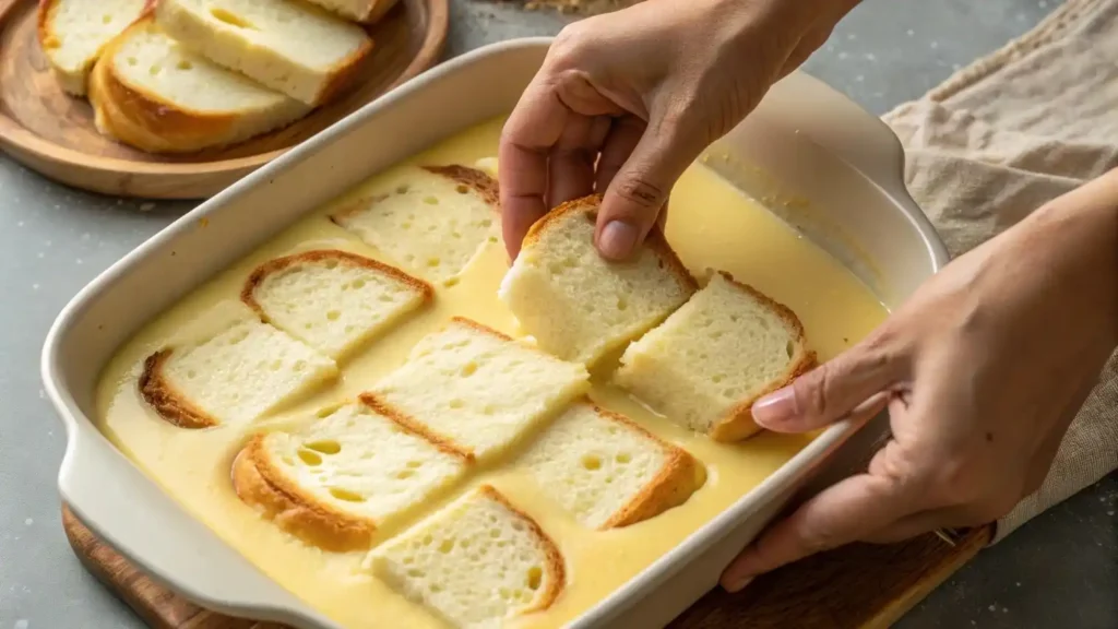 Brioche slices soaking in vanilla custard for Overnight Crème Brûlée French Toast