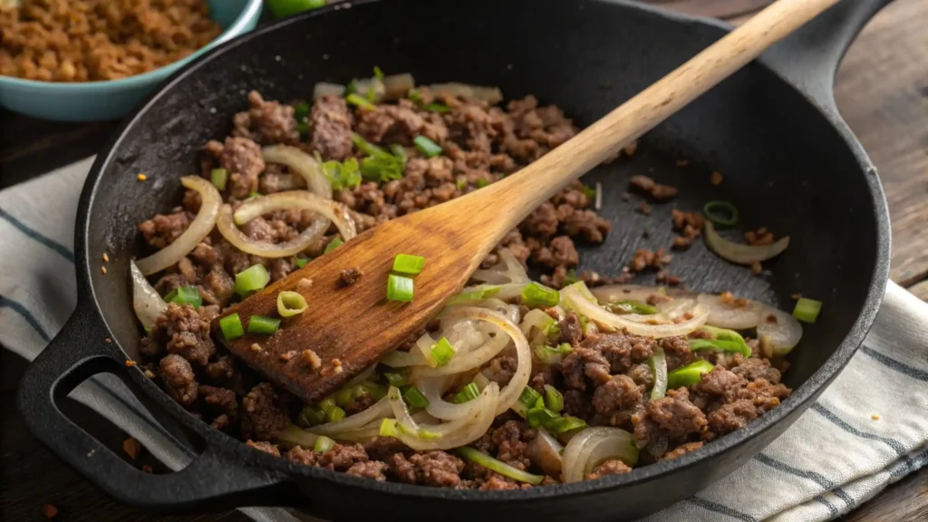 Ground beef cooking with onions and garlic in skillet