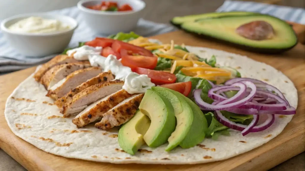 Burrito with chicken and avocado ingredients laid out